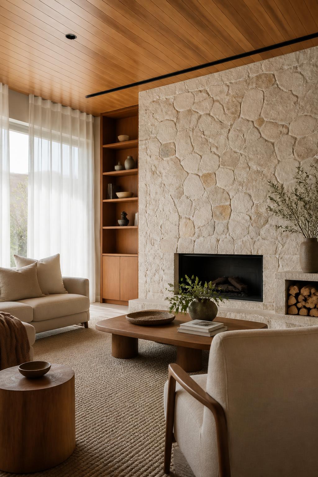 Luxury Australian living room with natural stone, timber finishes and soft daylight