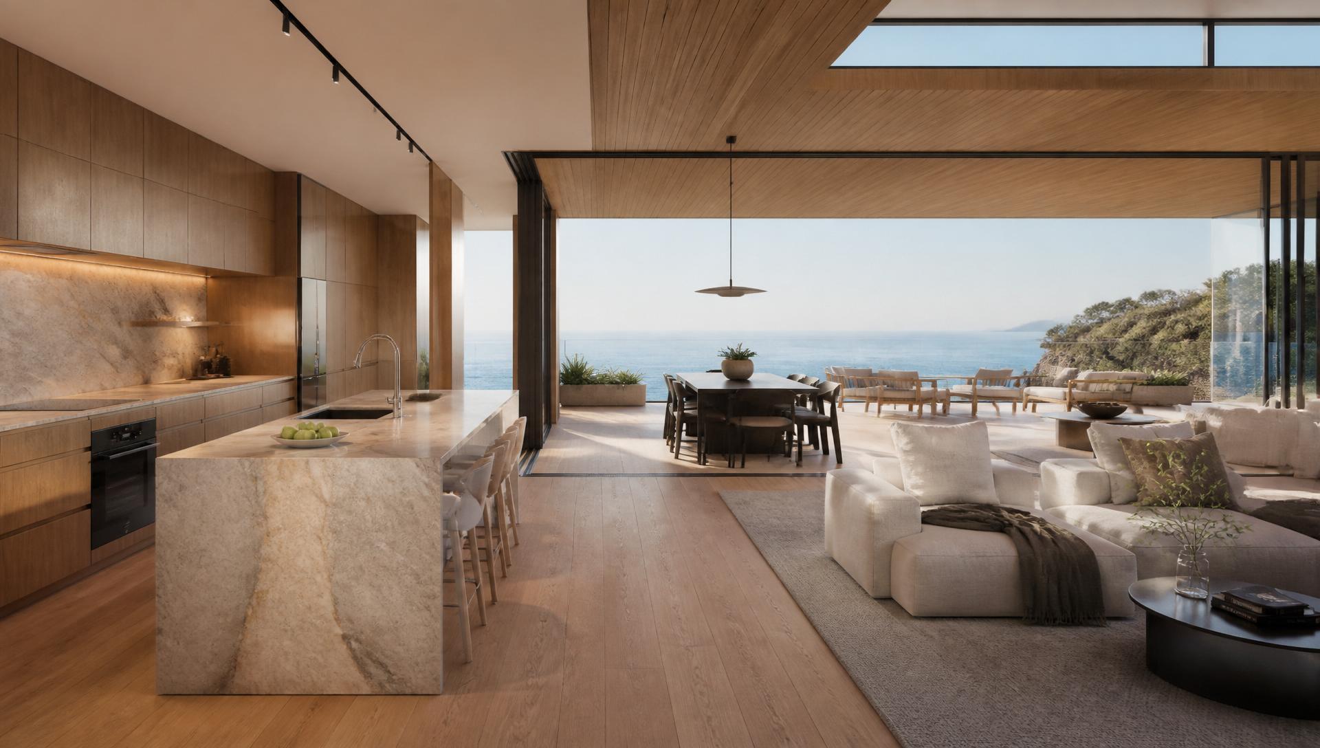 Luxury Australian open-plan living and kitchen with sliding doors open to a terrace